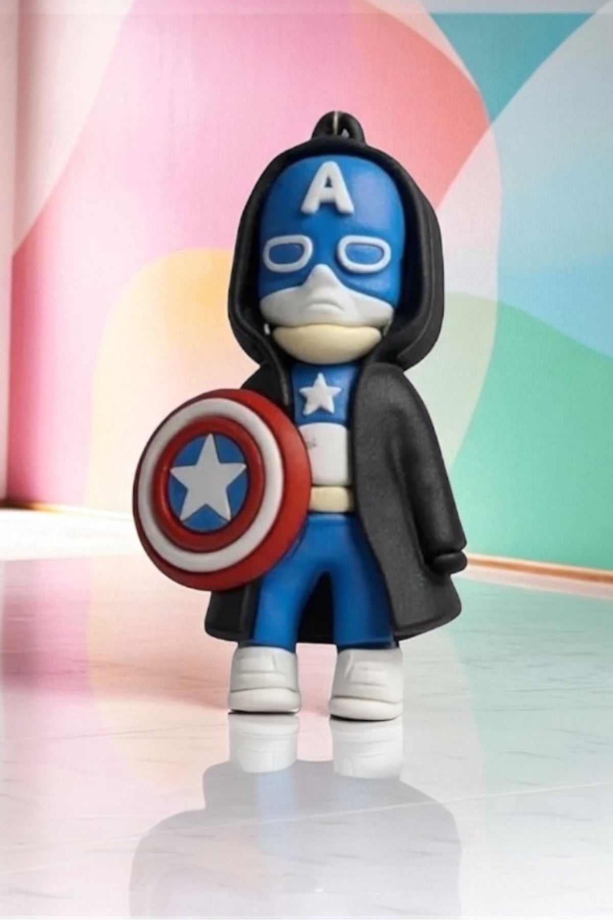 Captain America Figürlü Mavi-Siyah Anahtarlık | Çanta Süsü | Erkek & Kadın Kullanımına Uygun