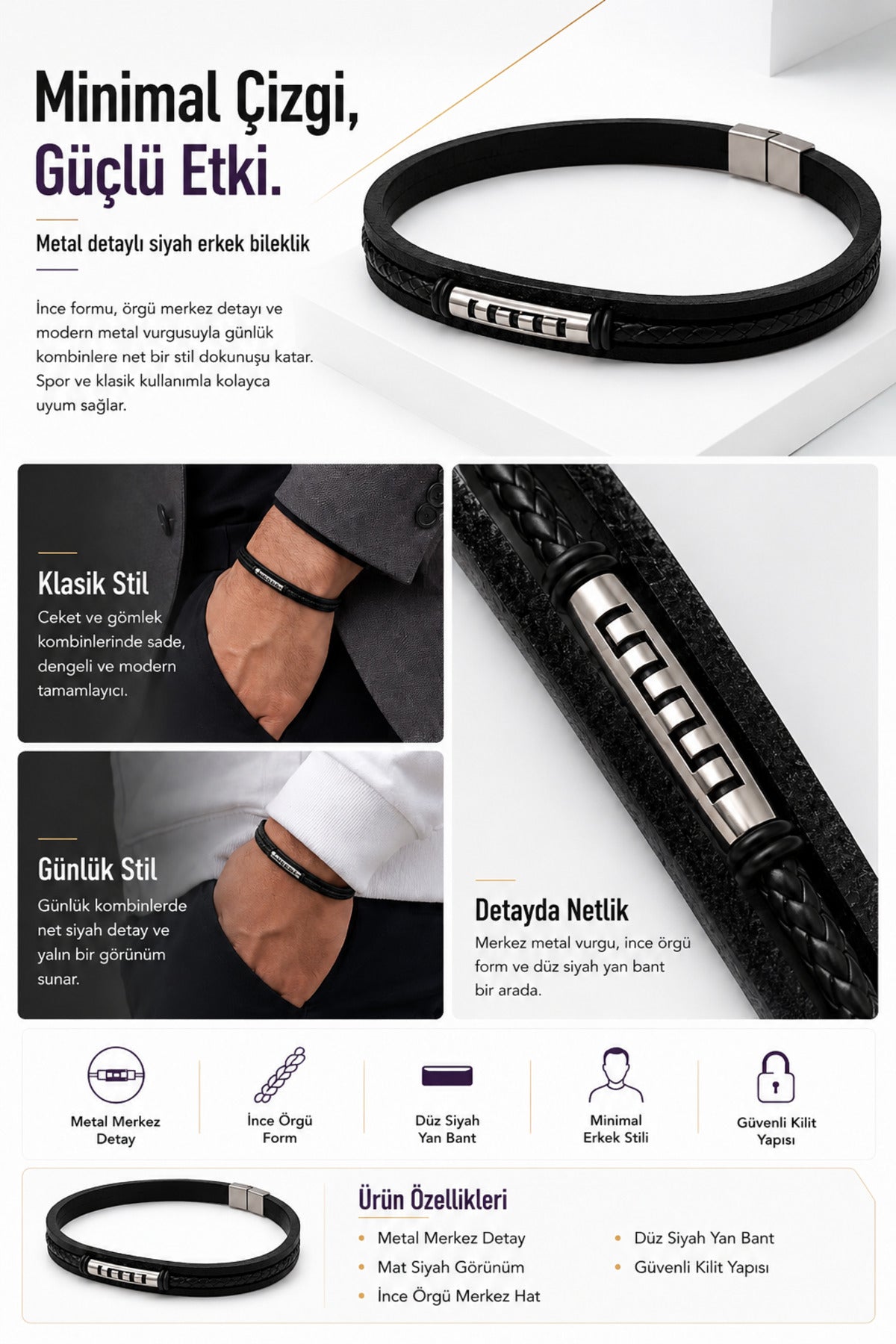 Metal Detaylı Çelik Erkek Bileklik Modern Günlük Stil