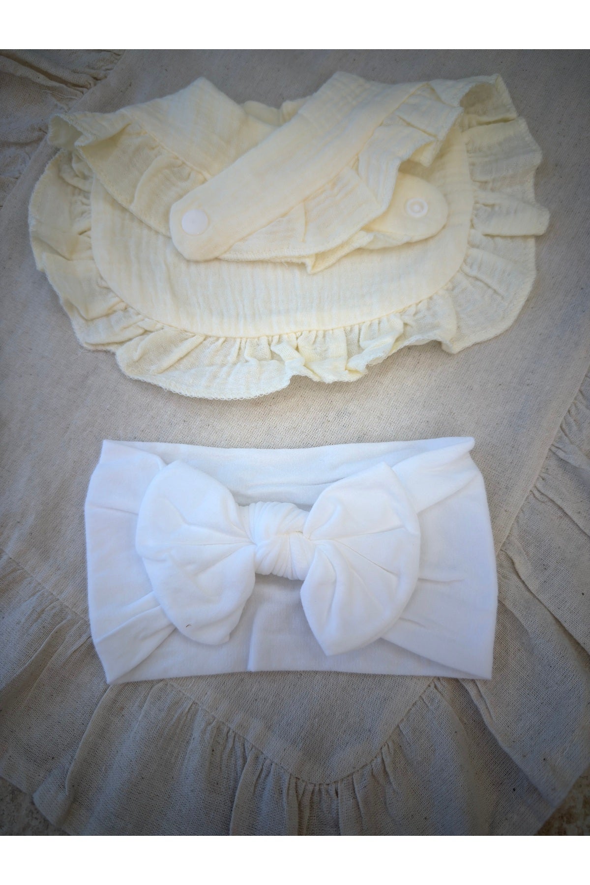 6 Parça Müslin Bebek Mama Önlüğü ve Bandana Seti | 3 Renk | Kulak Korumalı