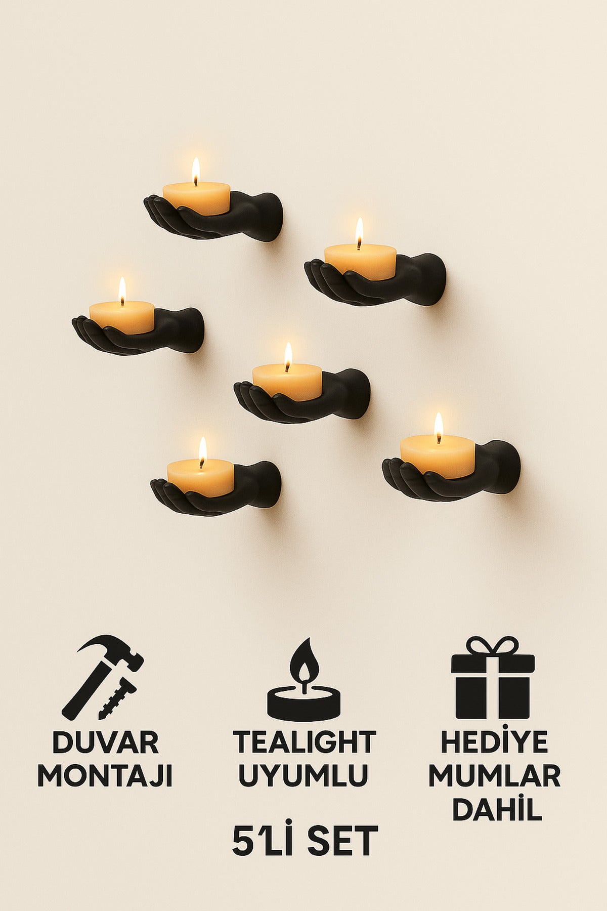 5’li El Figürlü Dekoratif Tealight Mumluk Seti Yapıştırılabilir Hediyelik Mumlar Dahil