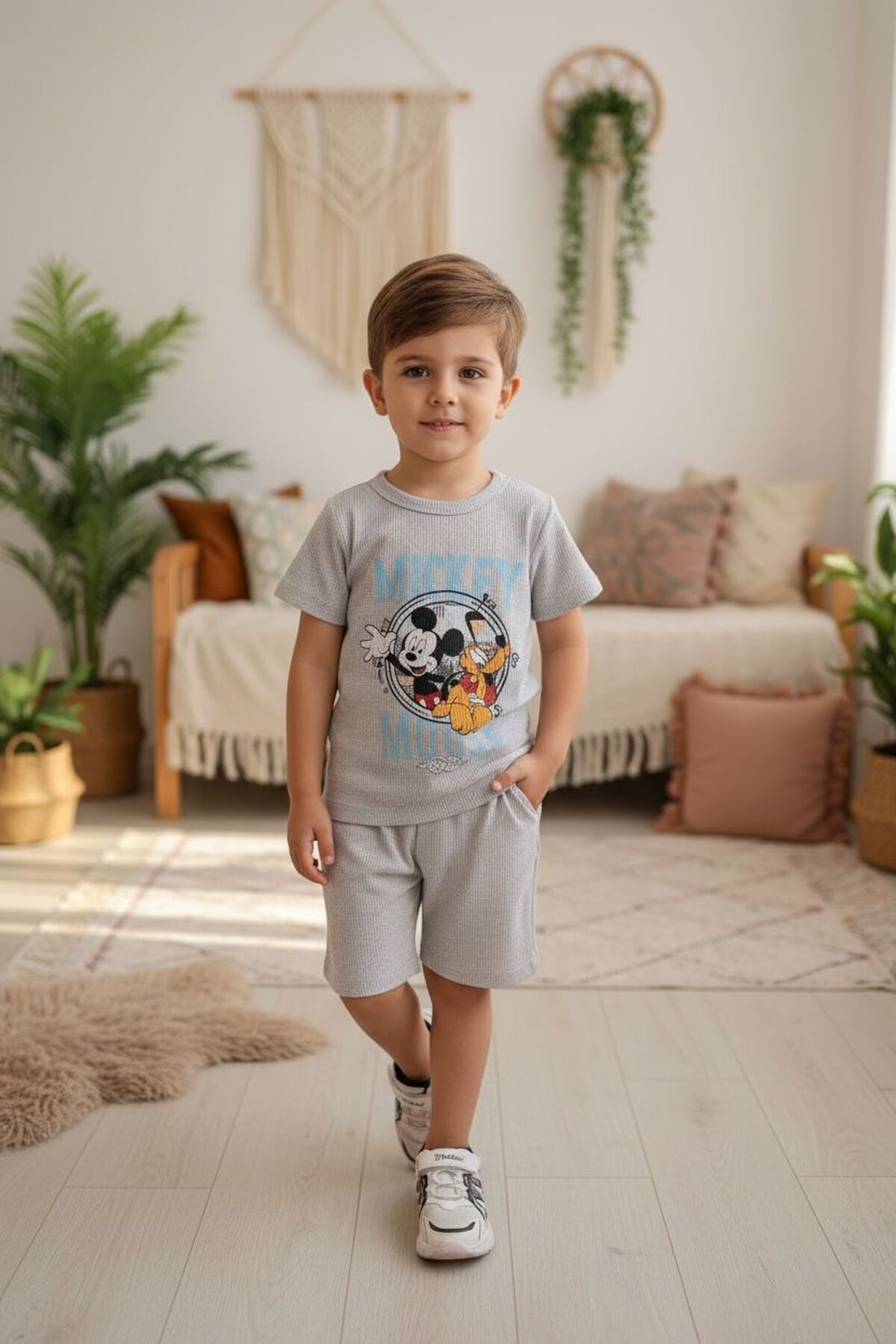İndigo/ Gri Fitilli Çocuk Takımı | Yazlık Kısa Kollu T-shirt Şort Seti | Çok Renk Seçeneği baskılı - Gri