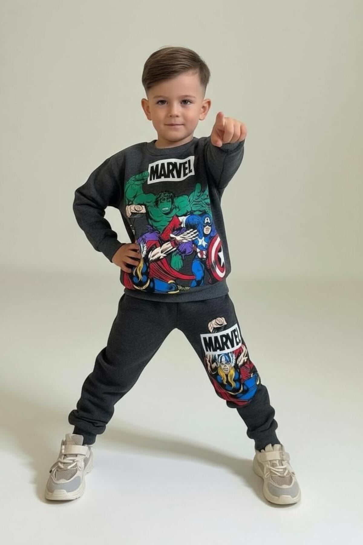 Erkek Çocuk Kışlık Renkli Baskılı Sweatshirt 2 li Eşofman Takım - Gri