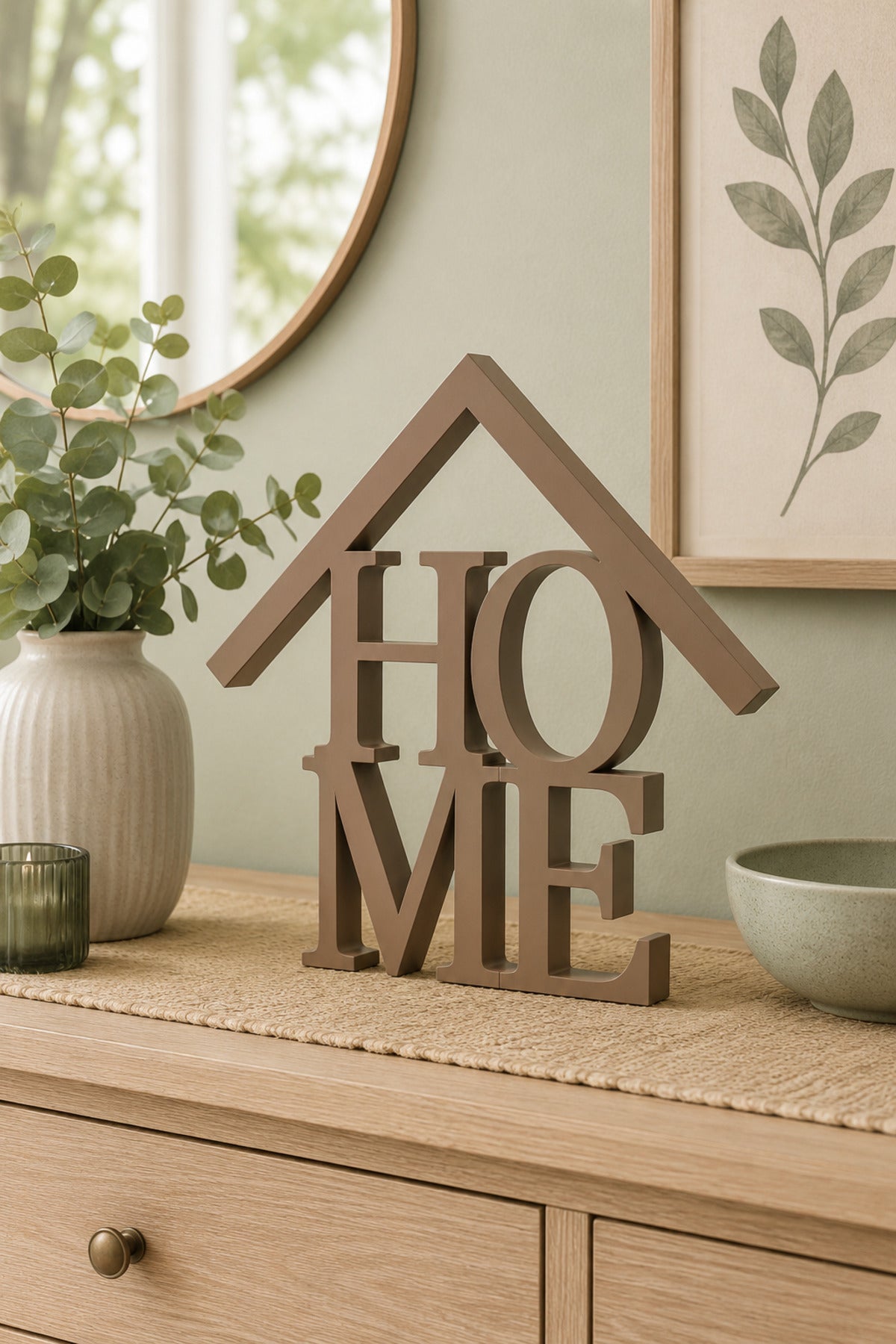 Dekoratif HOME Yazılı Ev Biblosu 15×15 cm | Modern Salon, TV Ünitesi, Konsol, Kitaplık ve Raf Süsü - Kahverengi