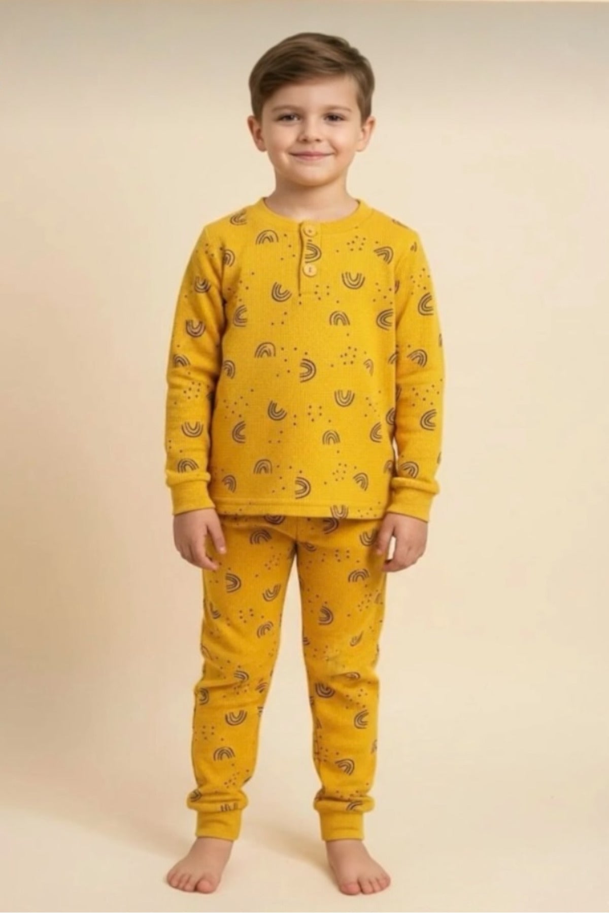Kız/Erkek Çocuk Uzun Kol Desenli Pamuklu Pijama Takımı Waffle Kumaş