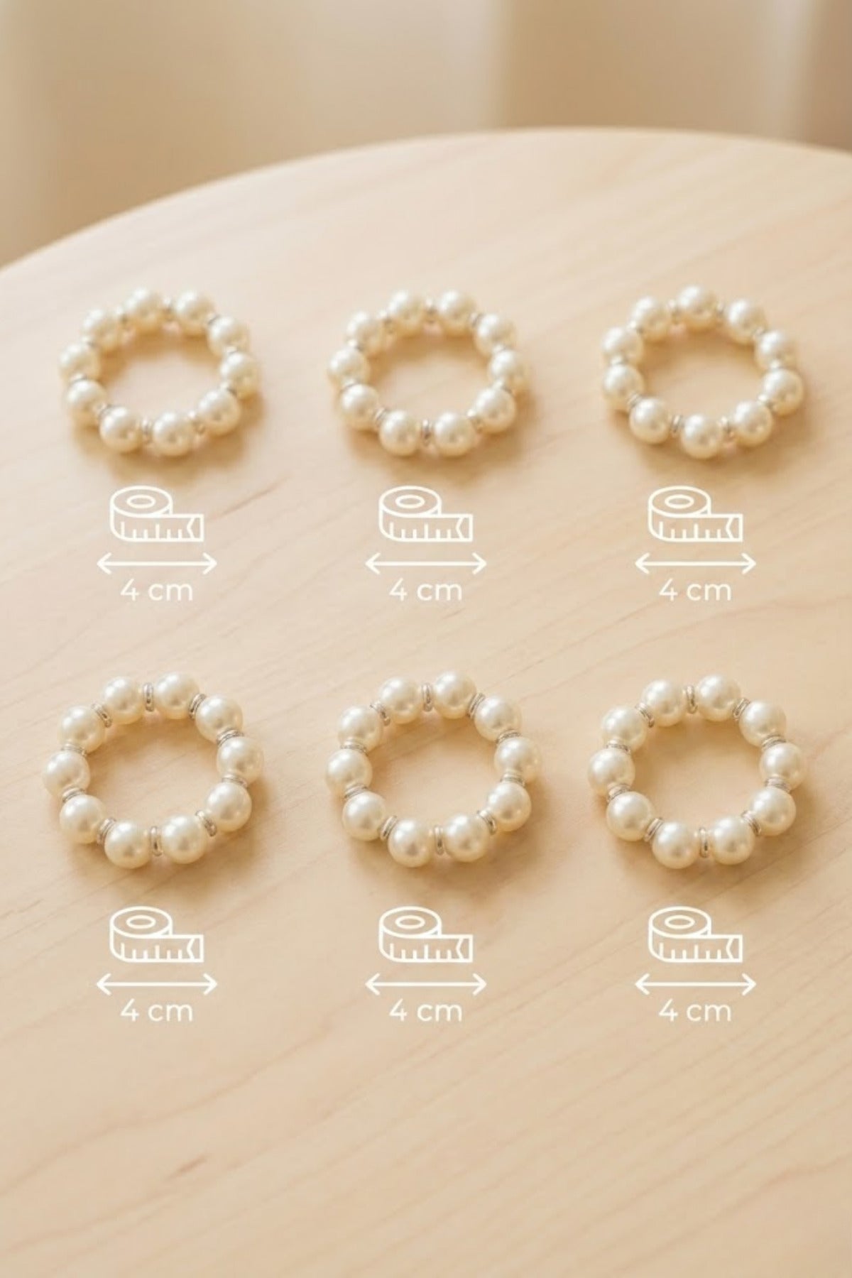 6 Adet Ekru Boncuklu İnci Peçete Yüzüğü, Napkin Ring, Sunumluk Yüzük 4 cm