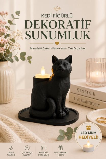 Siyah Mozaik Dekoratif Kedi Biblo Led Mumlu Şık Ev Ofis MasaÜstü Mumluk (Led Mum Hediye) 14 x 12