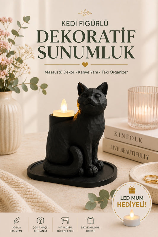 Siyah Mozaik Dekoratif Kedi Biblo Led Mumlu Şık Ev Ofis MasaÜstü Mumluk (Led Mum Hediye) 14 x 12