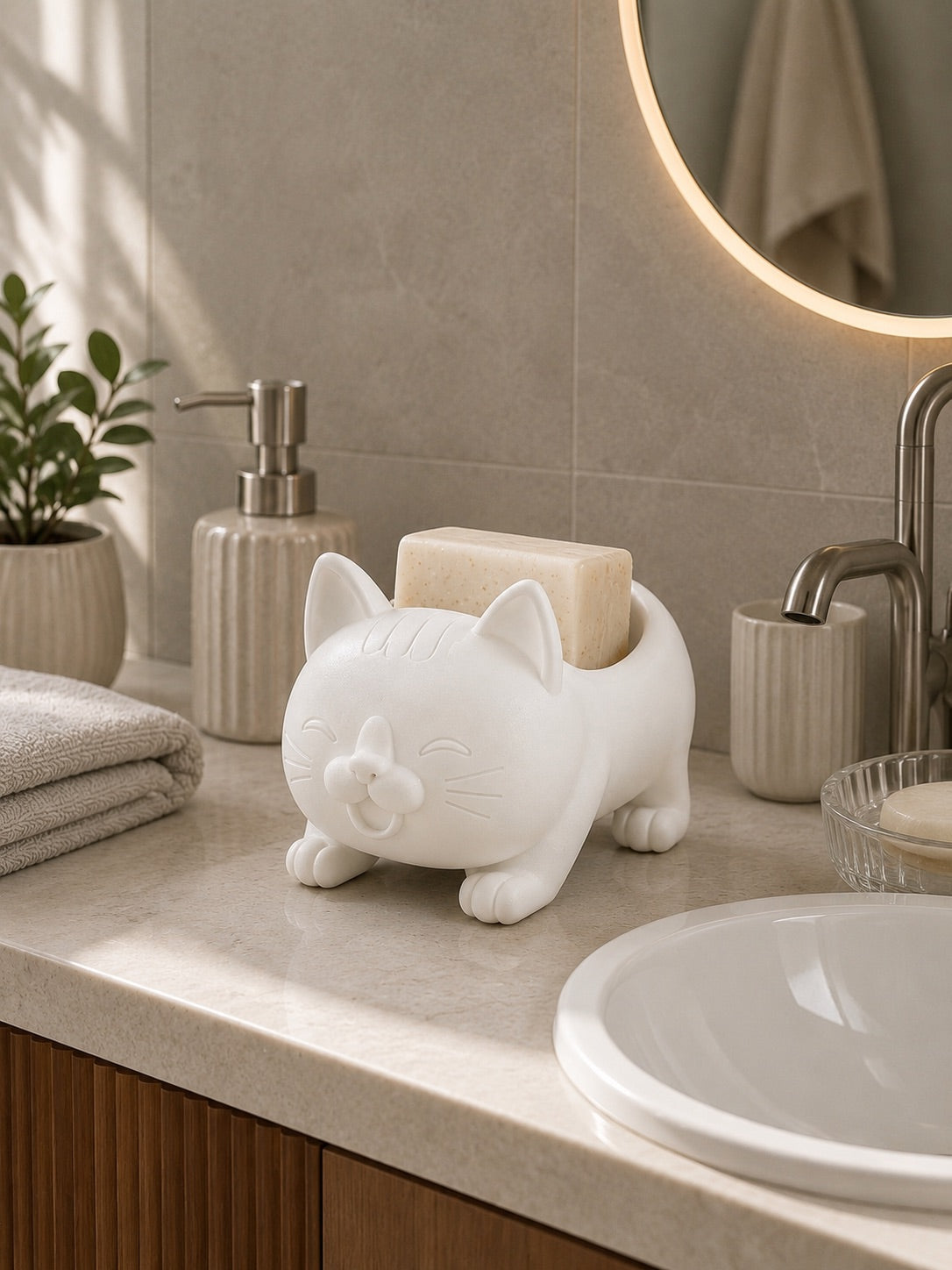 Dekoratif Beyaz Kedi Figürlü Sabunluk & Süngerlik Şık ve Sevimli Banyo, Mutfak Aksesuarı Çok Amaçlı