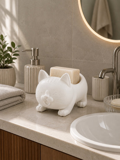 Dekoratif Beyaz Kedi Figürlü Sabunluk & Süngerlik Şık ve Sevimli Banyo, Mutfak Aksesuarı Çok Amaçlı