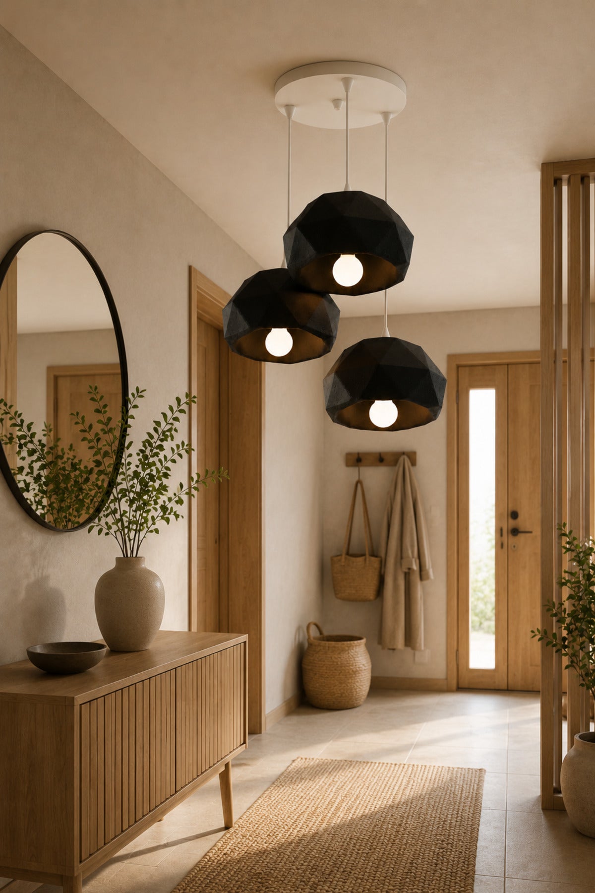 Siyah 3 Lü Geometrik Avize Salon PLA Dayanıklı Dekoratif Sarkıt Aydınlatma Ayarlanabilir Kablo