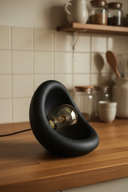 Modern Beton Dokulu Abajur | Organik Oval Gece Lambası (Masaüstü Komodin Lambası) 25 Cm