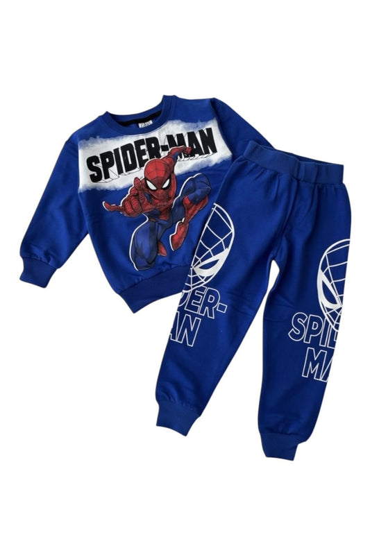 Süper Kahraman Baskılı Mavi Erkek Çocuk Eşofman Takımı / Kışlık 2 İplik Sweat Alt Üst Set - Mavi