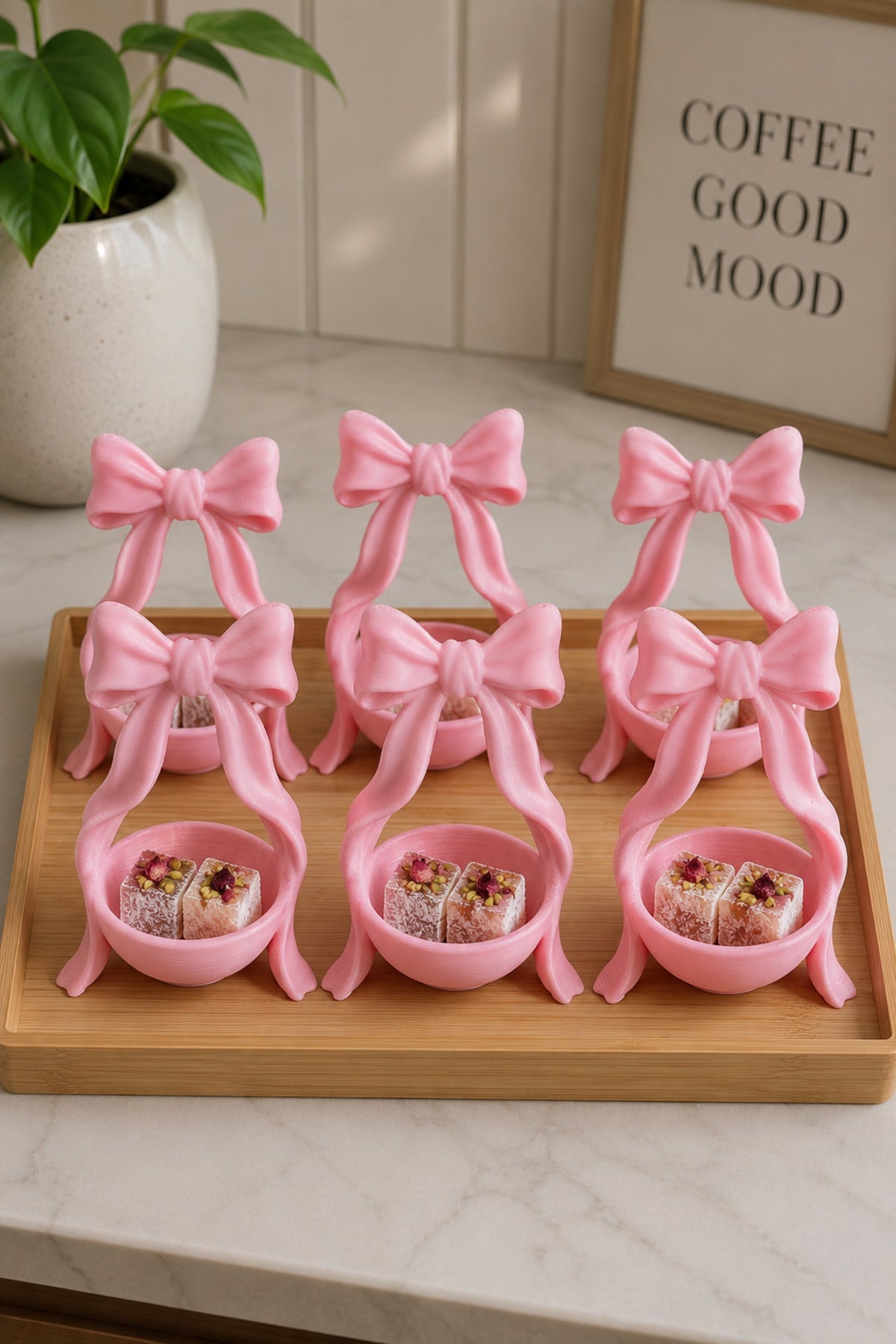 6’lı Fiyonk Kahve Yanı Lokumluk Seti 8x5 cm | Mini Çikolatalık, Drajelik, Şekerlik, 6 Kişilik Türk Kahvesi Sunumluğu - Pembe
