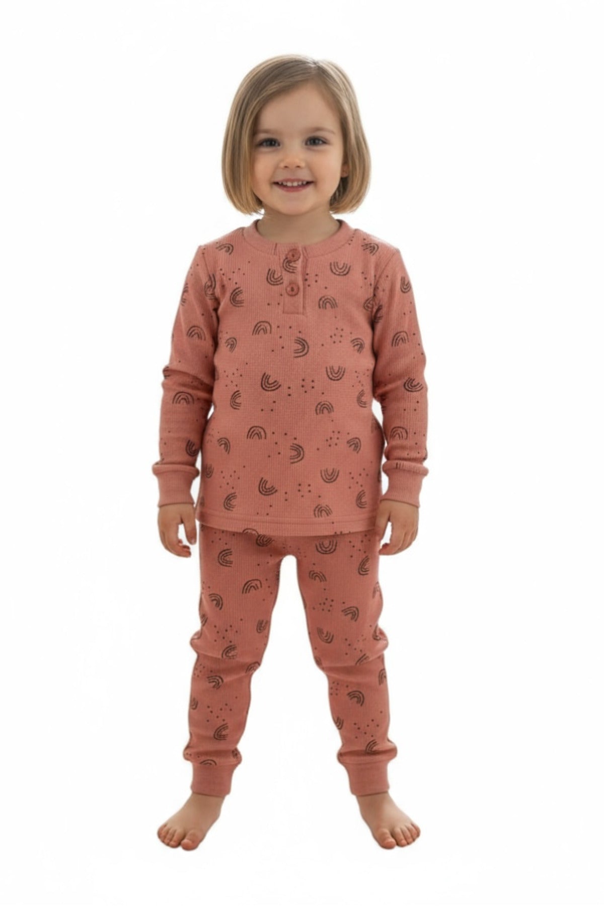 Kız/Erkek Çocuk Uzun Kol Desenli Pamuklu Pijama Takımı Waffle Kumaş