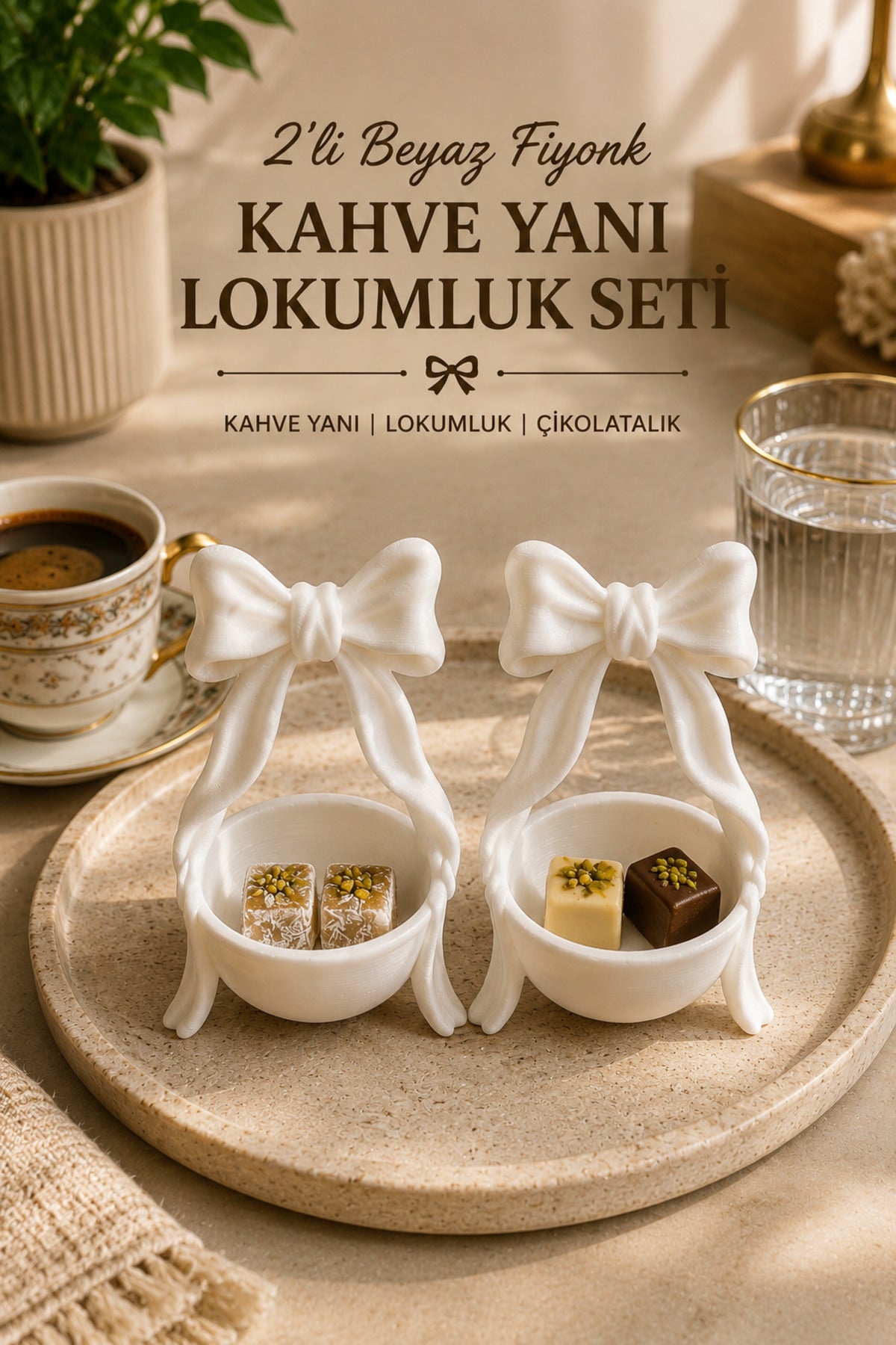 2’li Fiyonk Kahve Yanı Lokumluk Seti 8x5 cm | Mini Çikolatalık, Drajelik, Şekerlik, Türk Kahvesi Sunumluğu - Beyaz