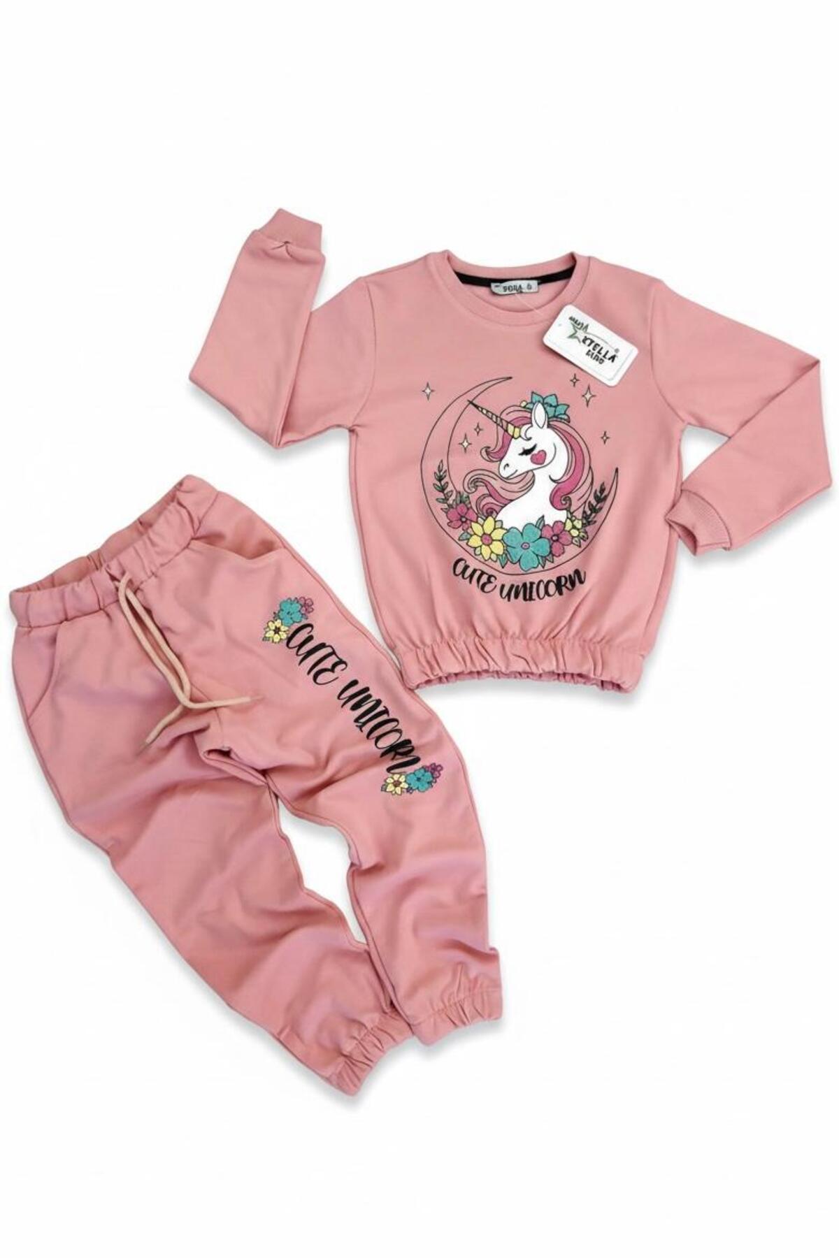 Kız Çocuk Sweatshirt Eşofman Takımı Pamuklu Desenli Alt Üst Takım - Çok Renkli