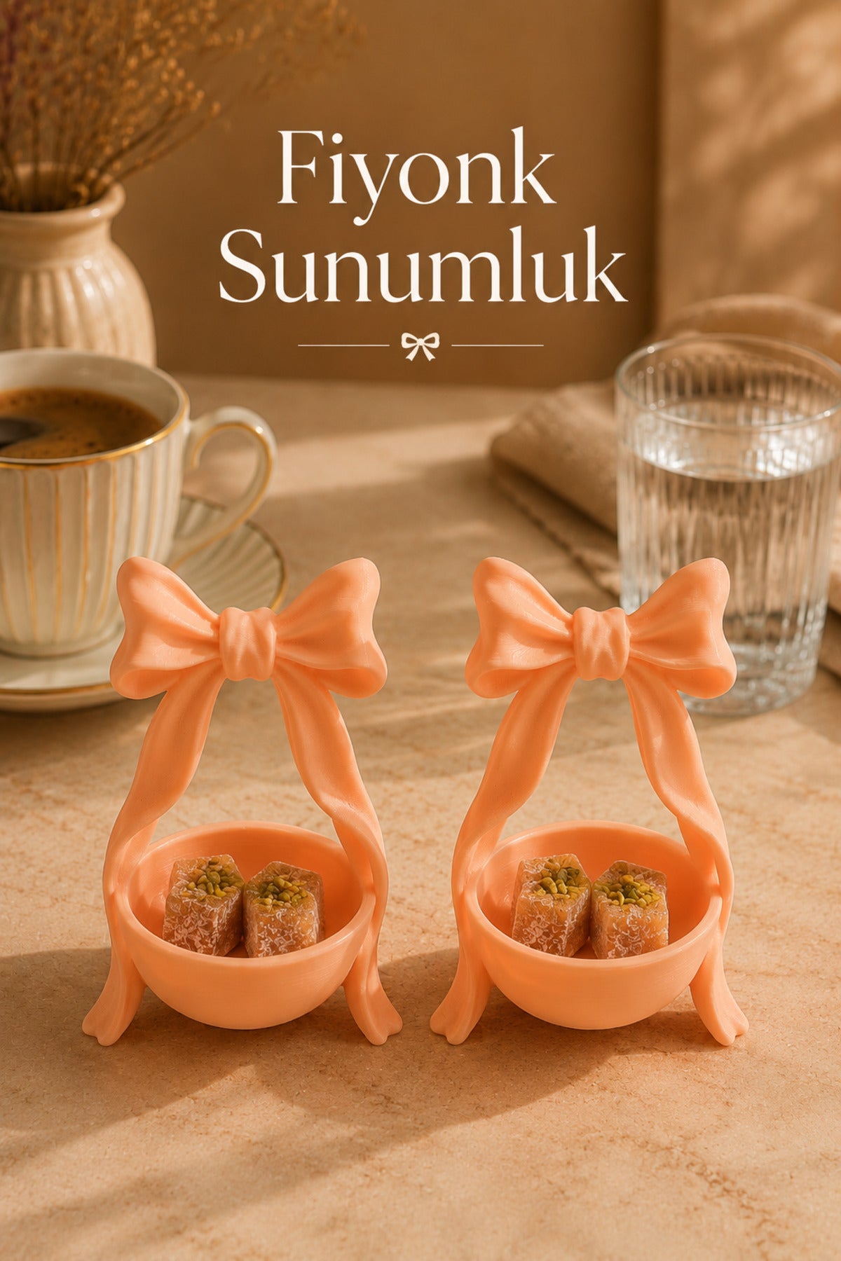 2’li Fiyonk Kahve Yanı Lokumluk Seti 8x5 cm | Mini Çikolatalık, Drajelik, Şekerlik, Türk Kahvesi Sunumluğu - Turuncu