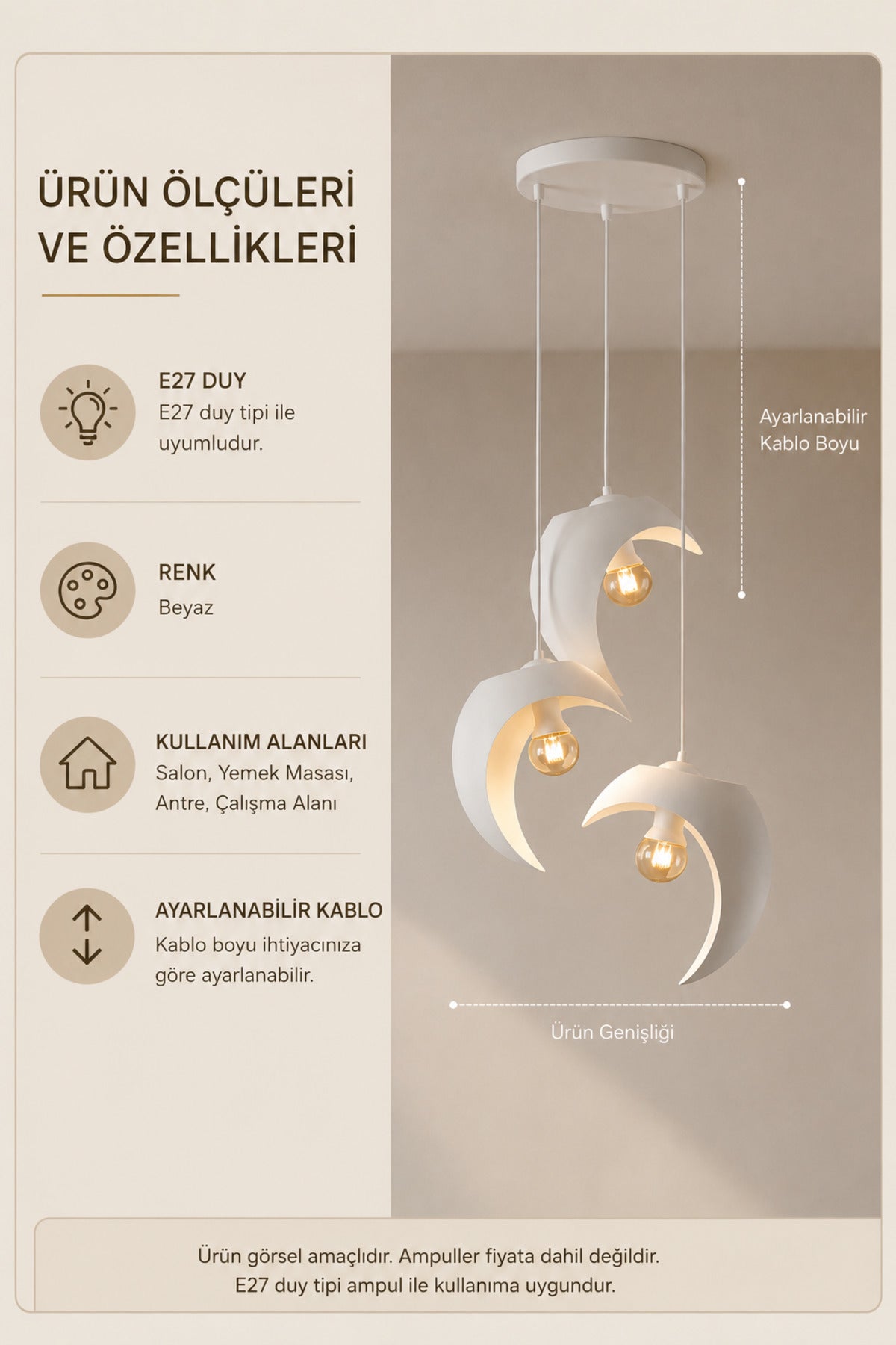 Beyaz Hilal Formlu 3’lü Sarkıt Avize, Modern Dekoratif Aydınlatma