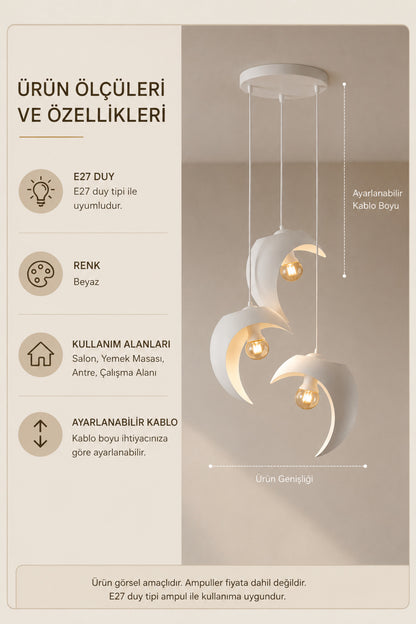 Beyaz Hilal Formlu 3’lü Sarkıt Avize, Modern Dekoratif Aydınlatma