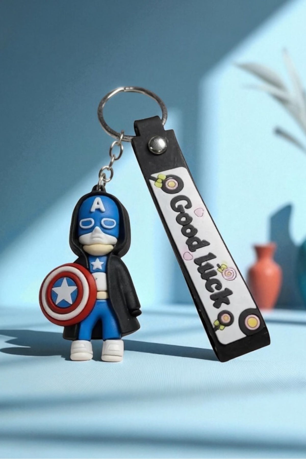 Captain America Figürlü Mavi-Siyah Anahtarlık | Çanta Süsü | Erkek & Kadın Kullanımına Uygun