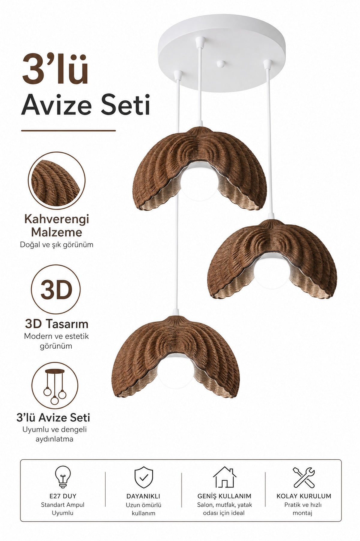 Kahverengi 3 Lü Lotus Formlu Avize PLA Dayanıklı Dekoratif Sarkıt Aydınlatma Ayarlanabilir Kablo