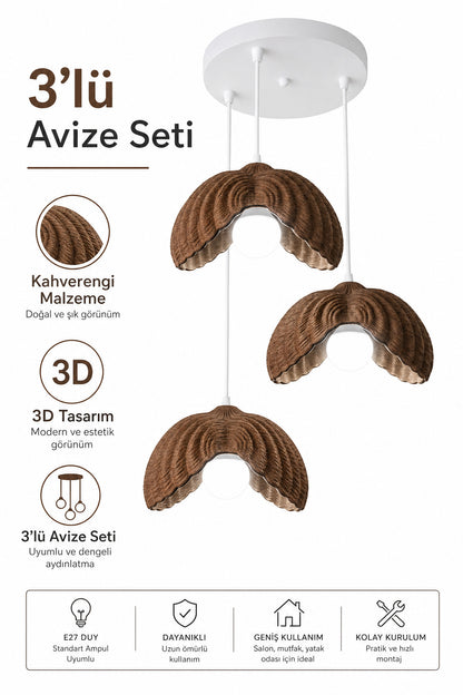 Kahverengi 3 Lü Lotus Formlu Avize PLA Dayanıklı Dekoratif Sarkıt Aydınlatma Ayarlanabilir Kablo