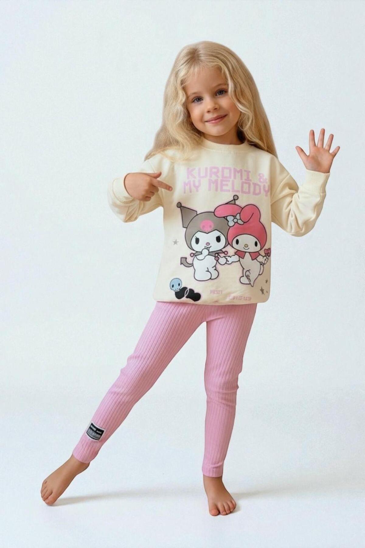 Kız Çocuk Desenli Sweatshirt Tayt Takımı Rahat Esnek Kumaş - Pembe