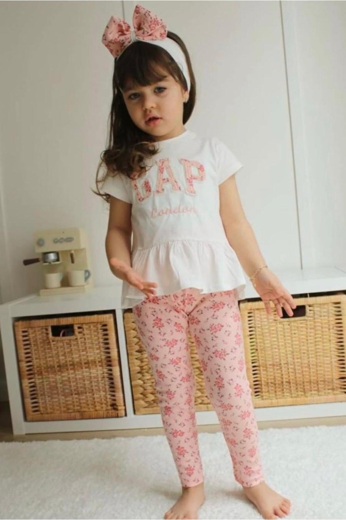 GEPP Baskılı Kız Çocuk Peplum Tişört ve Çiçekli Tayt Takımı - 3'lü Se - Pembe