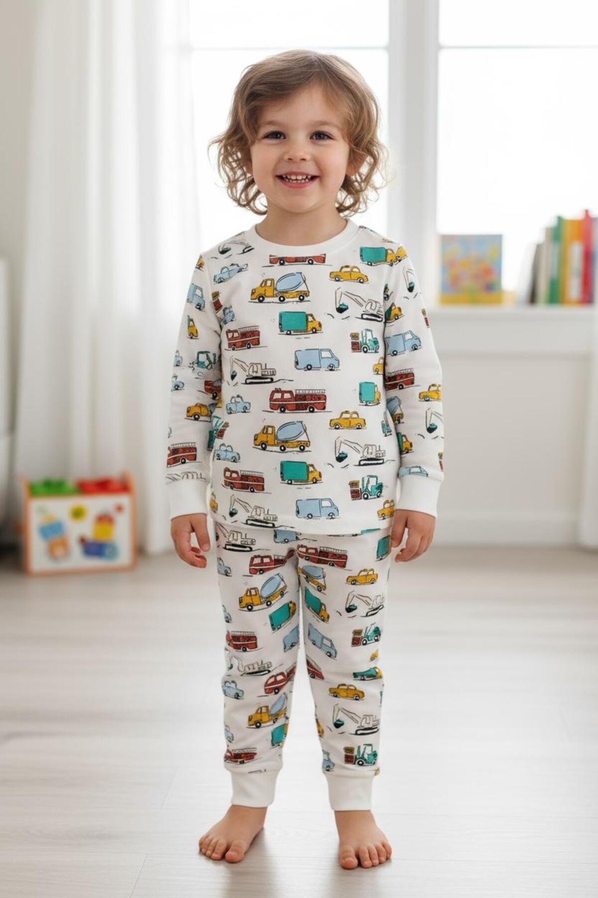 Baskılı Erkek Çocuk Pijama Takımı | Dinazor, Robot, Araba Desenli Uzun Kollu Eşofman Ev Giyim