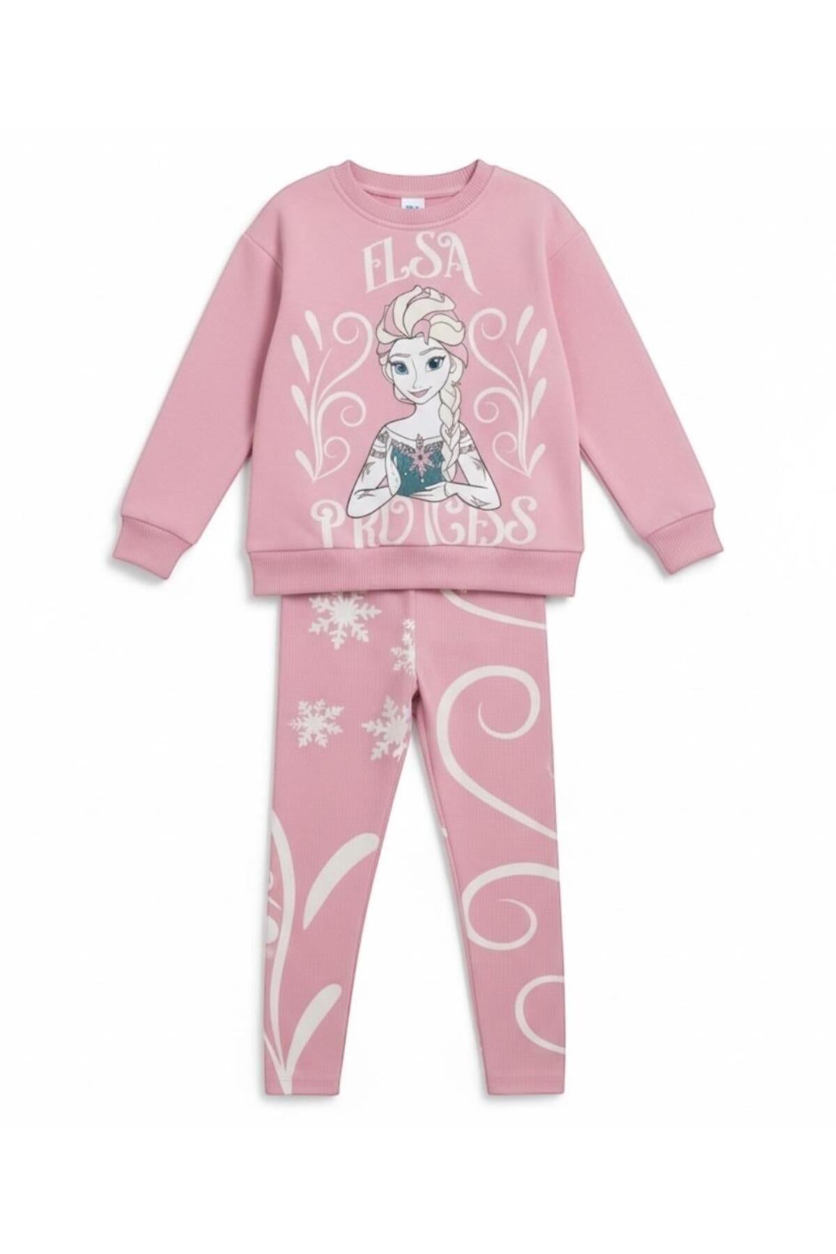 Elsa Prenses Baskılı Pembe Kız Çocuk Sweatshirt ve Tayt Takımı | Kışlık Pamuklu Kombin - Pembe