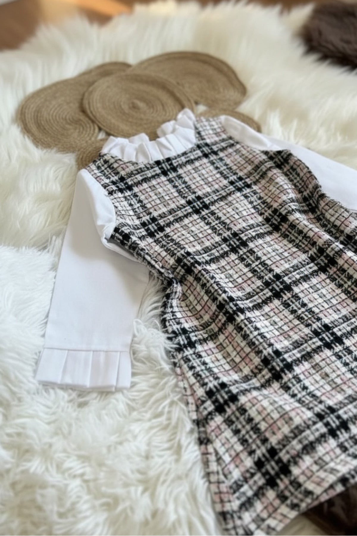 Kız Çocuk Vintage Şanel Kumaş Kareli Jile Elbise