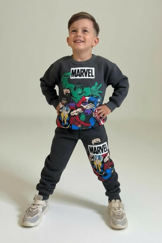 Erkek Çocuk Kışlık Renkli Baskılı Sweatshirt 2 li Eşofman Takım - Gri