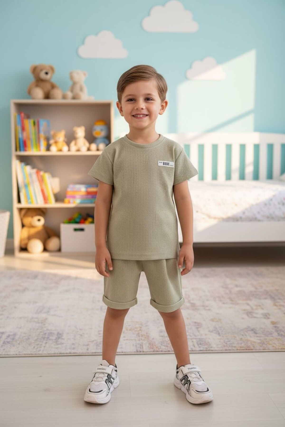 Hardal/Siyah/Bej Fitilli Çocuk Takımı | Yazlık Kısa Kollu T-shirt Şort Seti | Çok Renk Seçeneği - Haki