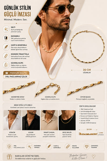 Gold Çelik Erkek Kolye Smart Casual Gömlek Kombin Zincir