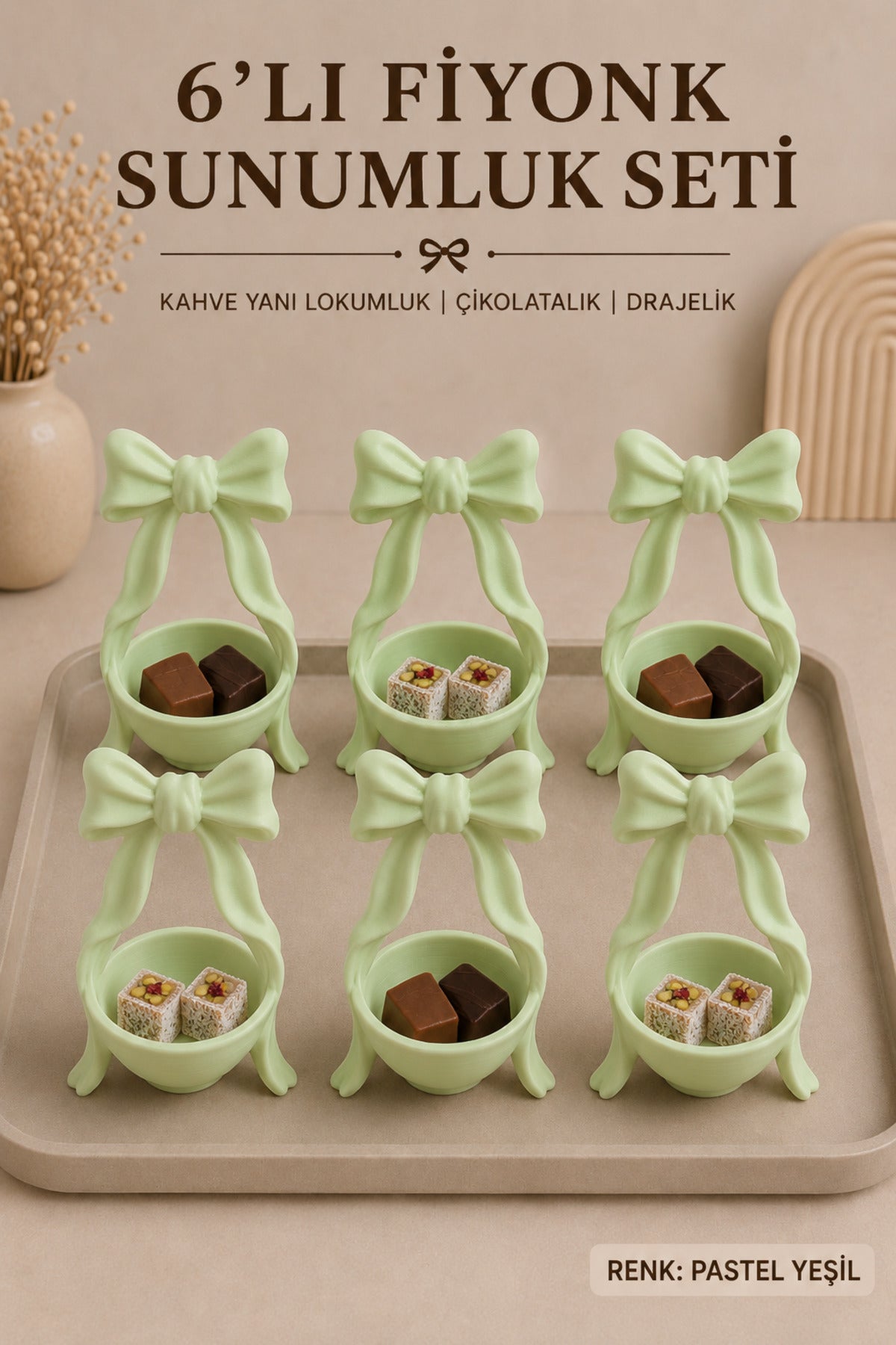 6’lı Fiyonk Kahve Yanı Lokumluk Seti 8x5 cm | Mini Çikolatalık, Drajelik, Şekerlik, 6 Kişilik Türk Kahvesi Sunumluğu - Yeşil