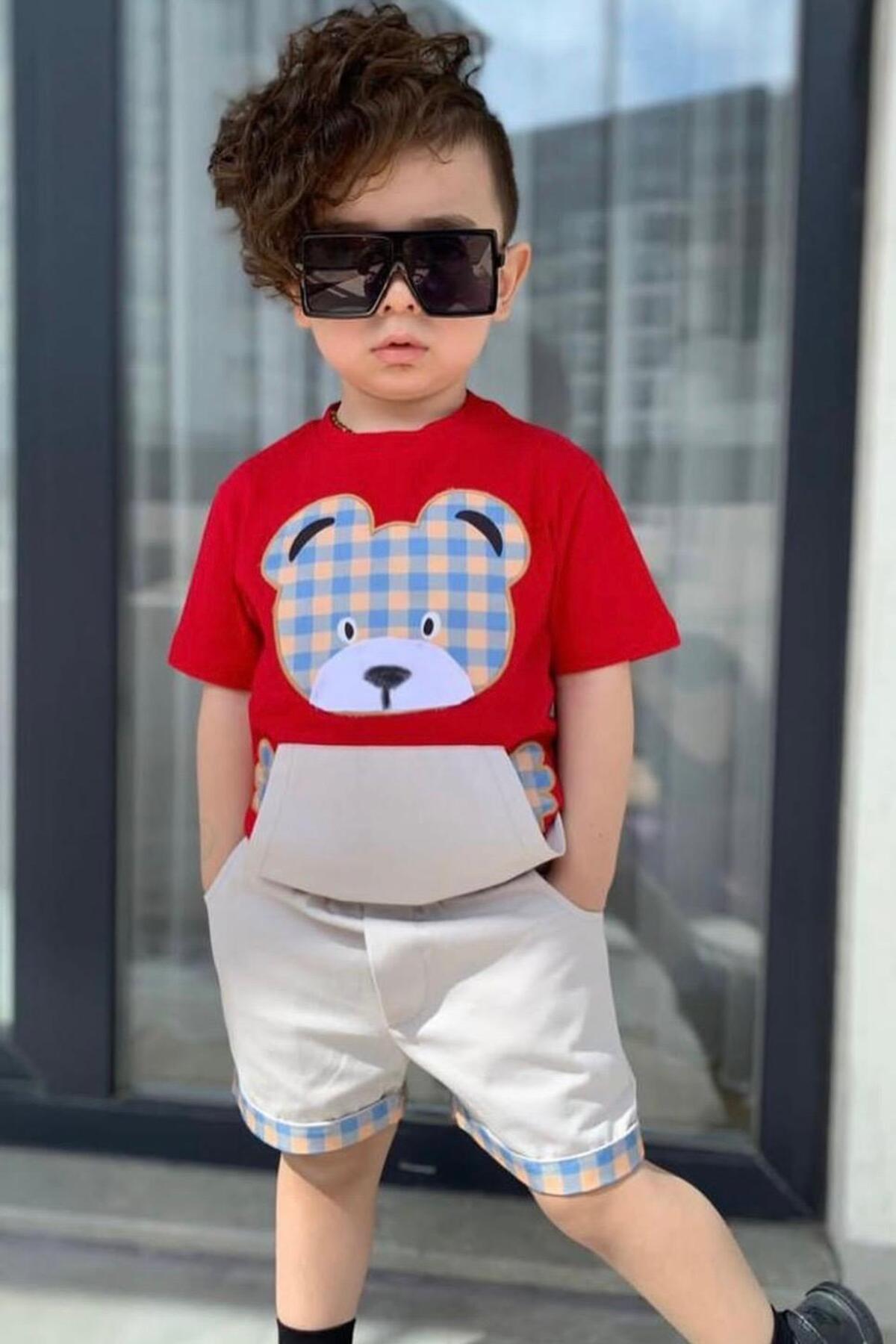 Mini Beylere Özel! Erkek Çocuk Ayıcık Baskılı Yazlık Takım - Kırmızı