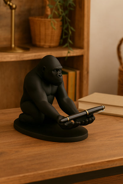 3D Siyah Goril Figürlü Dekoratif Telefon, Tablet Standı, Kalem Tutucu Heykel, Masaüstü Organizer