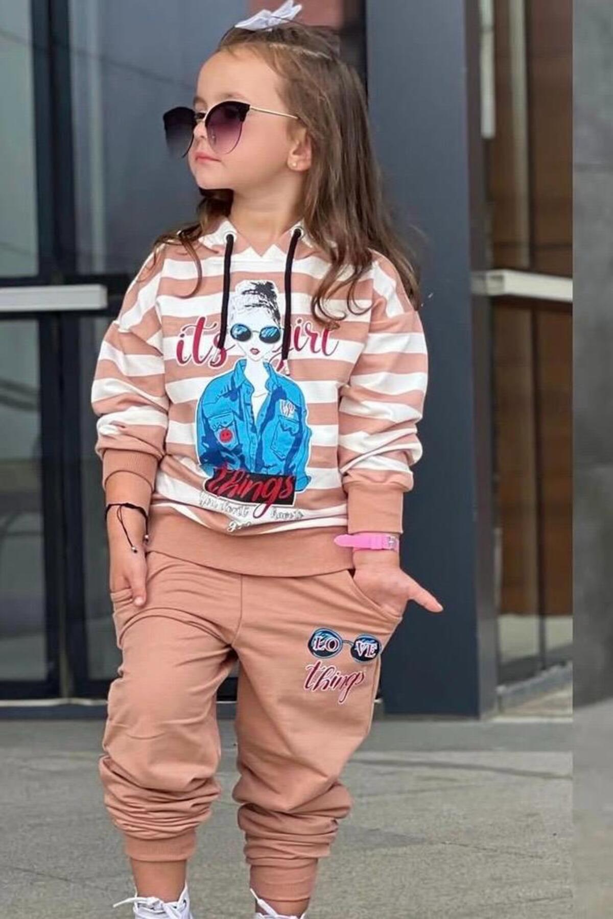 Kız Çocuk Sweatshirt Eşofman Takımı Pamuklu Desenli Alt Üst Takım - Kahverengi