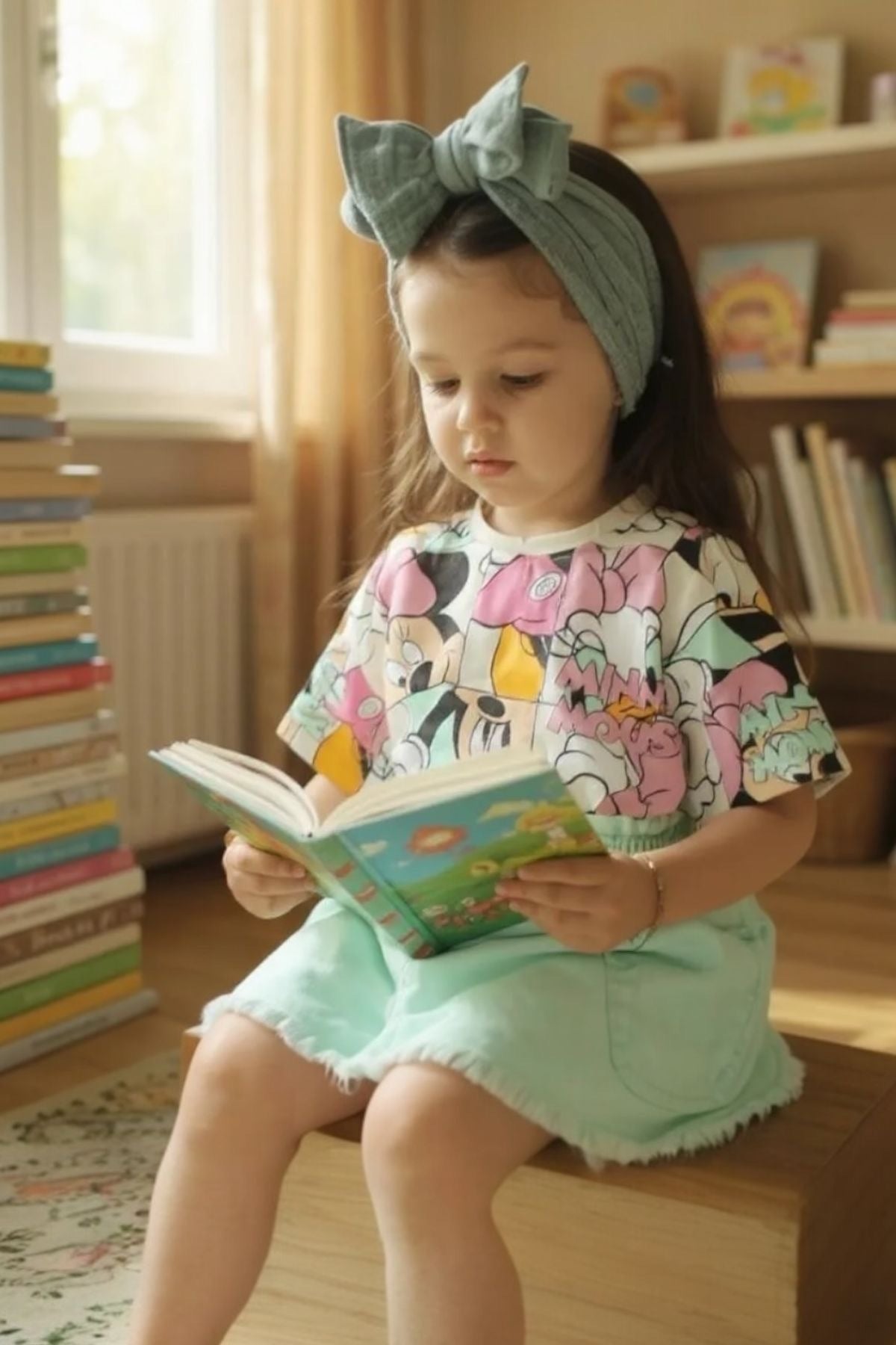 Kız Çocuk 2’li Takım Karekter Desenli Tişört ve Pembe Kot Etek - Turkuaz