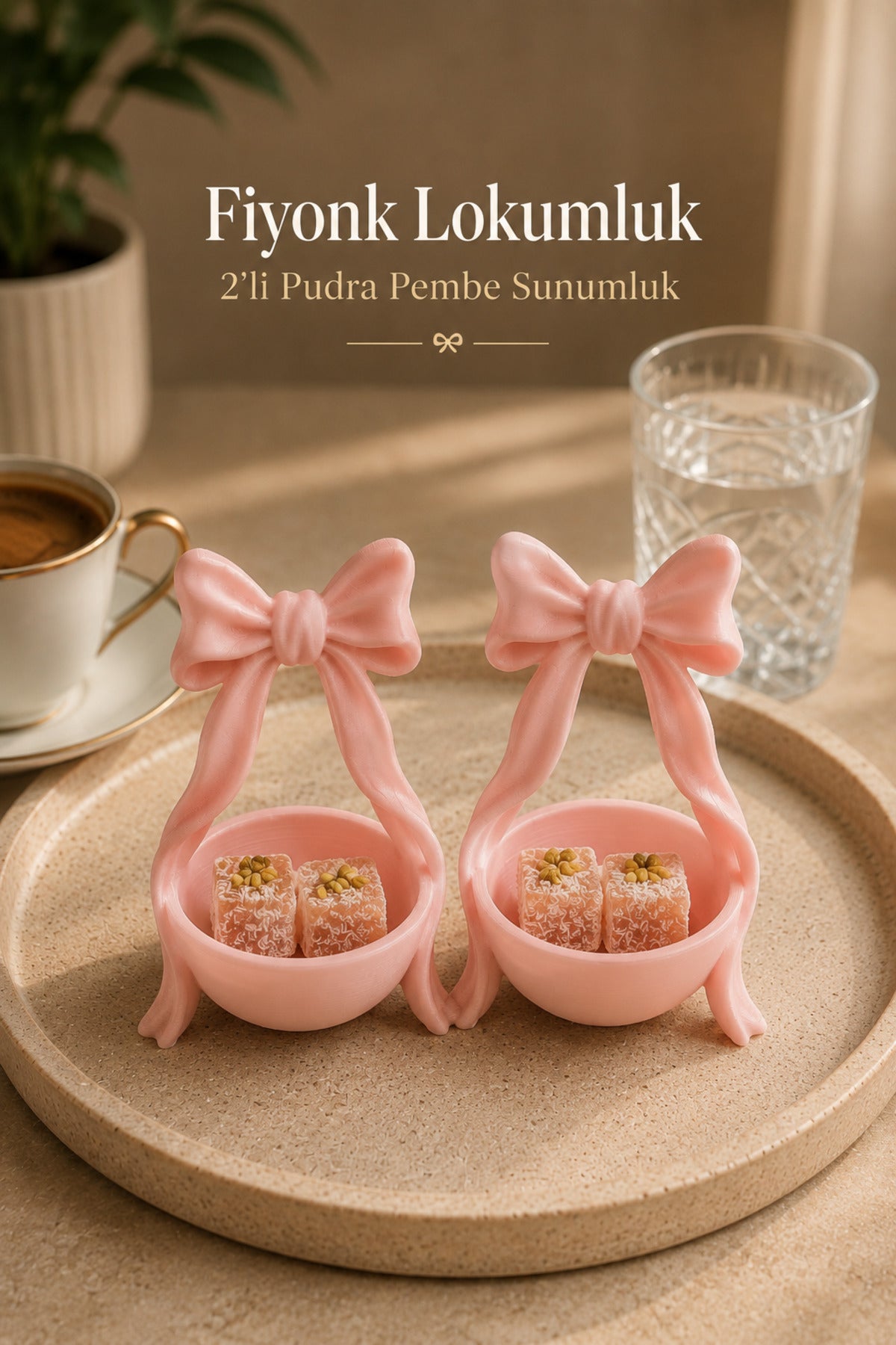 2’li Fiyonk Kahve Yanı Lokumluk Seti 8x5 cm | Mini Çikolatalık, Drajelik, Şekerlik, Türk Kahvesi Sunumluğu - Pembe