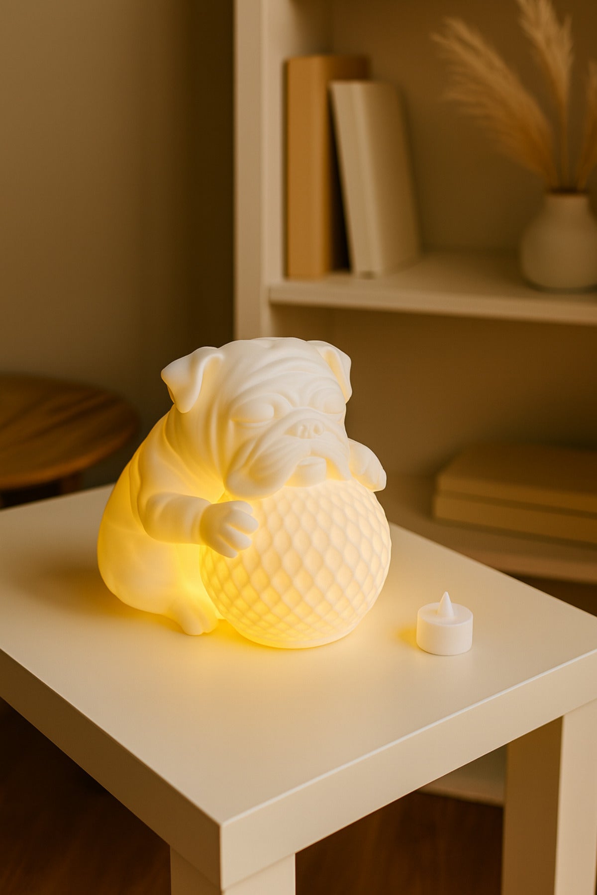 Bulldog Tasarımlı 3D Dekoratif Masa Lambası, Estetik Çocuk Odası Gece Lambası, Tealight 25 x 25 cm