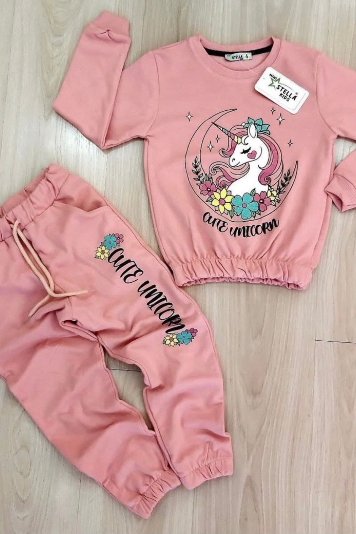 Kız Çocuk Sweatshirt Eşofman Takımı Pamuklu Desenli Alt Üst Takım - Çok Renkli