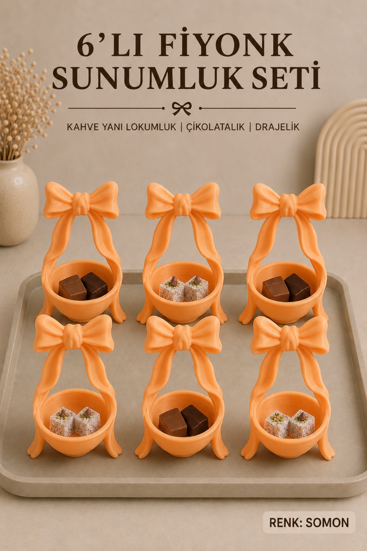 6’lı Fiyonk Kahve Yanı Lokumluk Seti 8x5 cm | Mini Çikolatalık, Drajelik, Şekerlik, 6 Kişilik Türk Kahvesi Sunumluğu - Turuncu