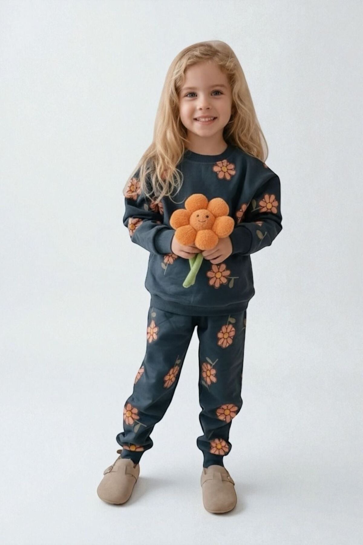 Kız Çocuk Desenli Sweatshirt Tayt Takımı Rahat Esnek Kumaş - Turuncu