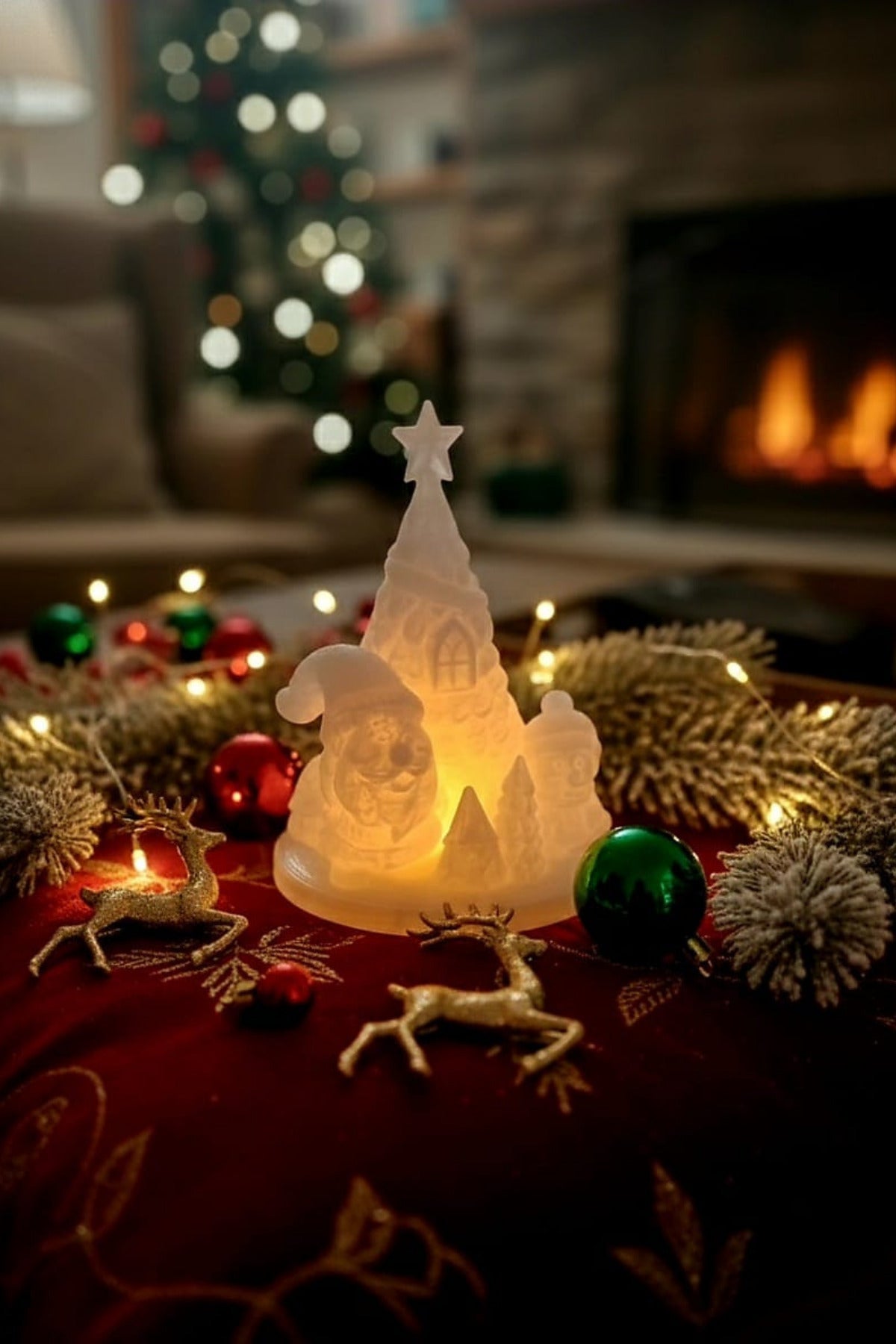Tealight Mum Dahil 3D Yılbaşı Figürü, Noel Baba, 15x9 cm Masa Üstü Işıklı Yeni Yıl Süsü