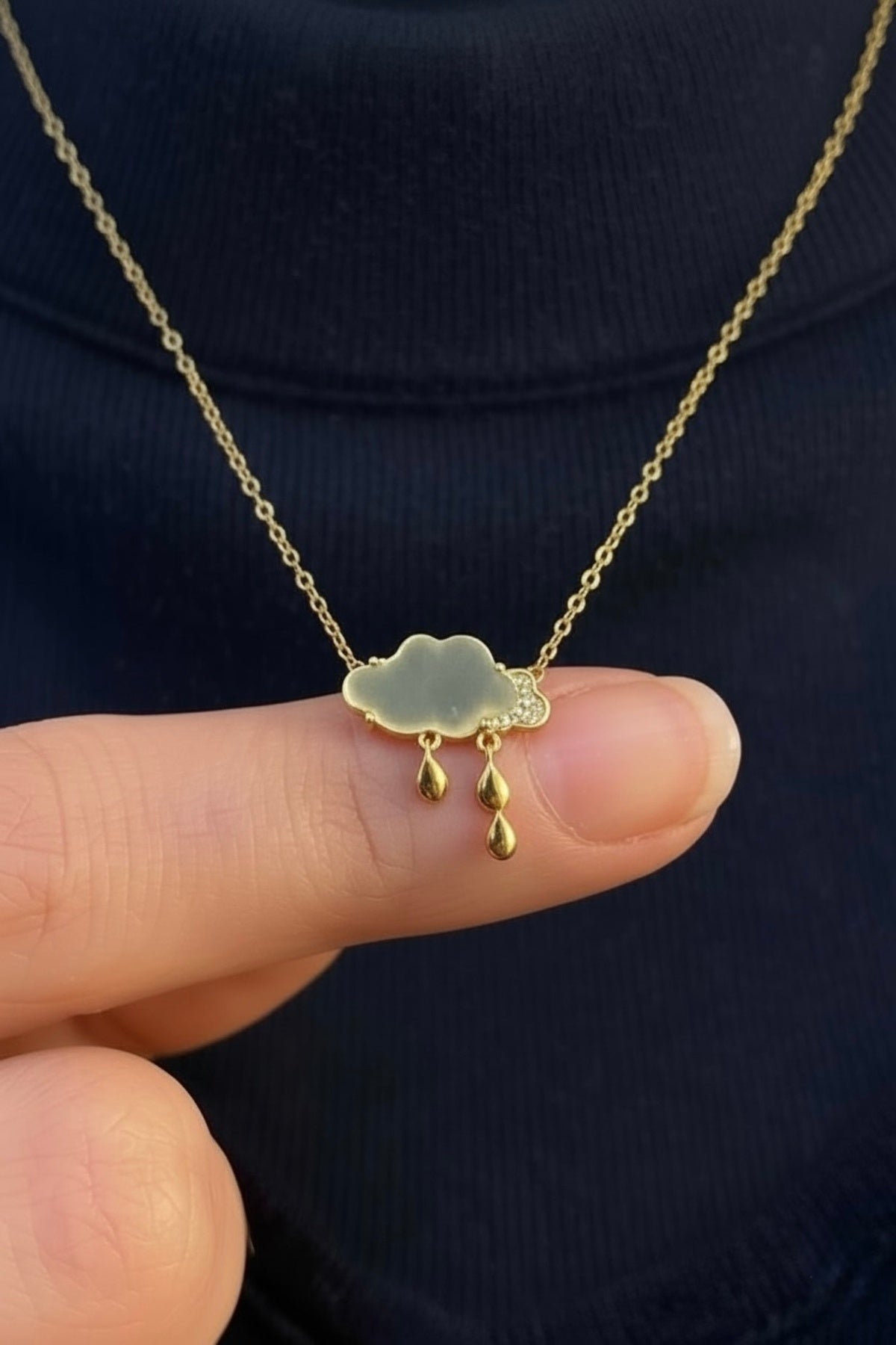 Kadın 316L Paslanmaz Çelik Gold Sedefli Bulut ve Damla Kolye Kararmaz