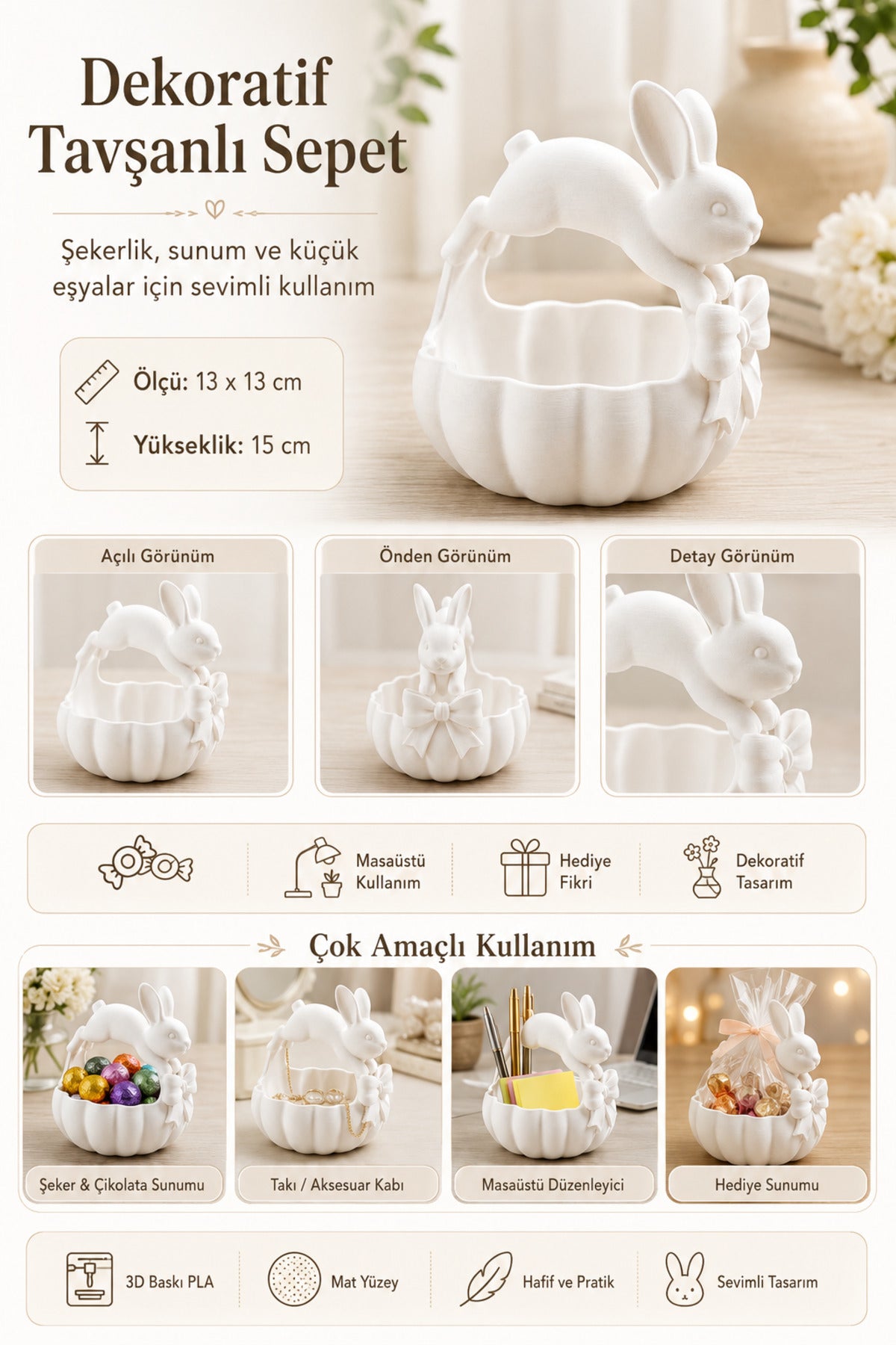 Tavşan Figürlü Beyaz Mini Sunum Sepeti Çikolata Takı Kabı Kahve Köşesi Dekoru