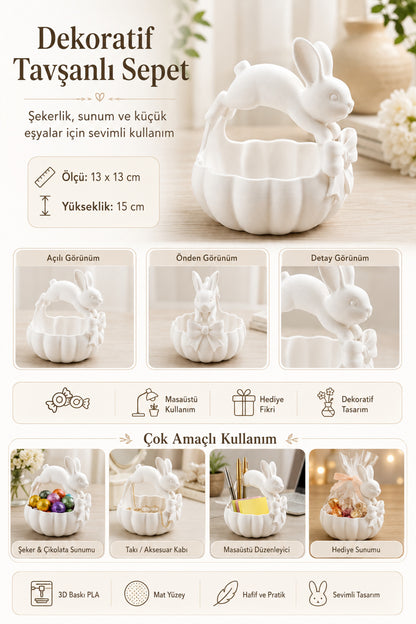 Tavşan Figürlü Beyaz Mini Sunum Sepeti Çikolata Takı Kabı Kahve Köşesi Dekoru