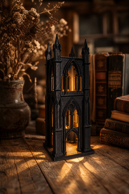 3D Siyah İskandinav Gotik Şato Tasarımlı Dekoratif LED Mumluk ve Ev Ofis Dekor Biblo