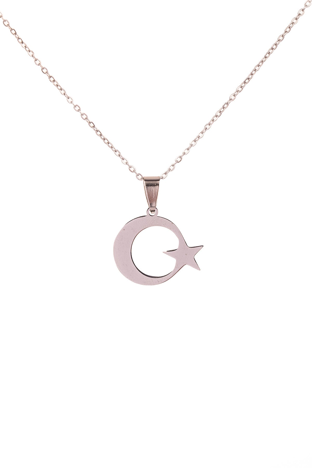 Gümüş Renk Ay Yıldız Çelik Kolye Kararmaz Paslanmaz Çelik Anlamlı ve Şık (Unisex)